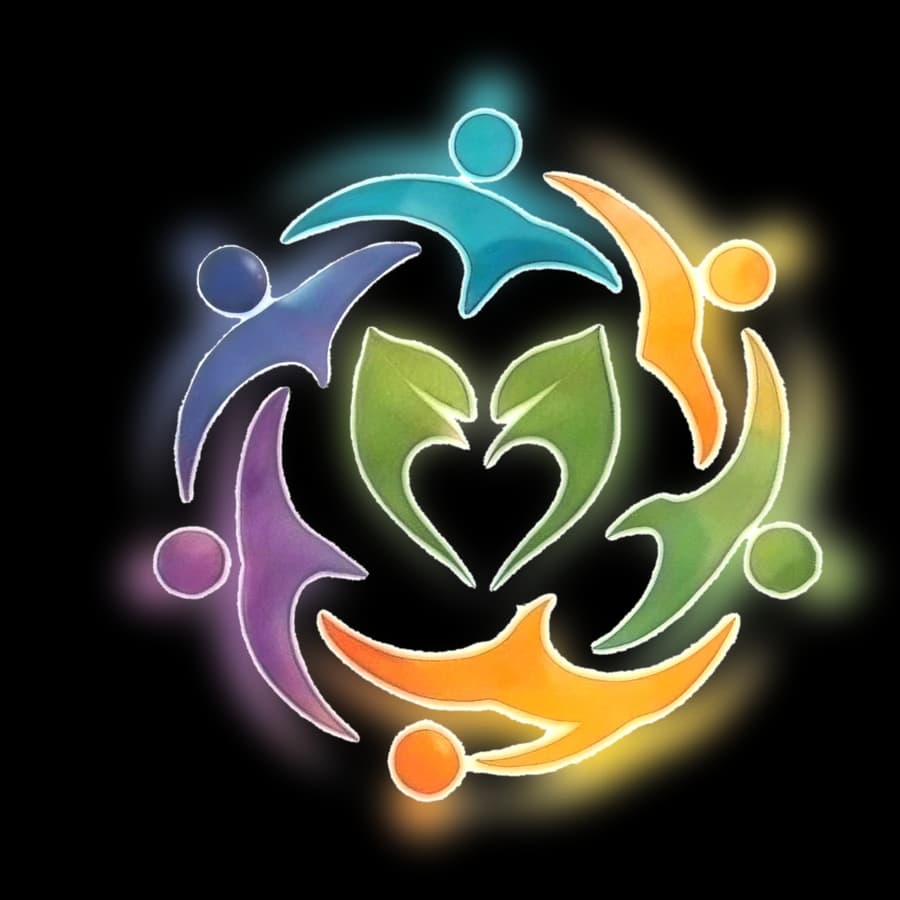 The MyHealthyCircle logo: a circle of people in motion around a leaf heart, over the sunset horizon